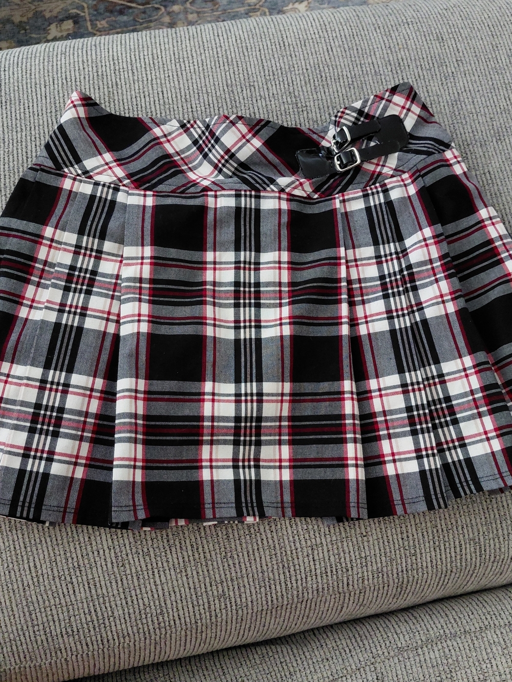 Plaid Pleated Mini Skirt with Buckle - Black, White & Red